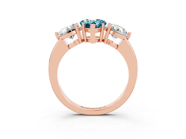 Rose gold Pear Cut Blue Topaz Three-Stone Ring with Prong Setting and Classic Band