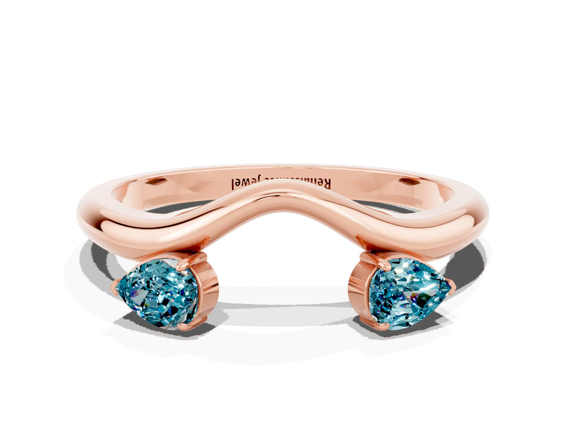 Rose gold Pear Cut Blue Topaz Two-Stone Open Band Ring with Prong Setting_6