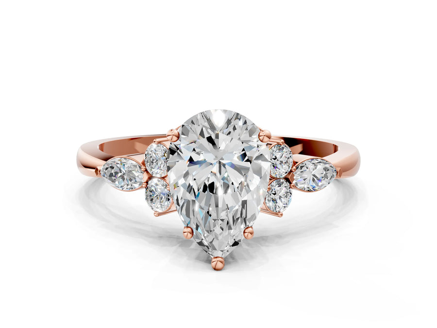 Rose gold Pear Cut Brilliant Diamond Solitaire Ring with Pear Side Stones and Four-Prong Setting