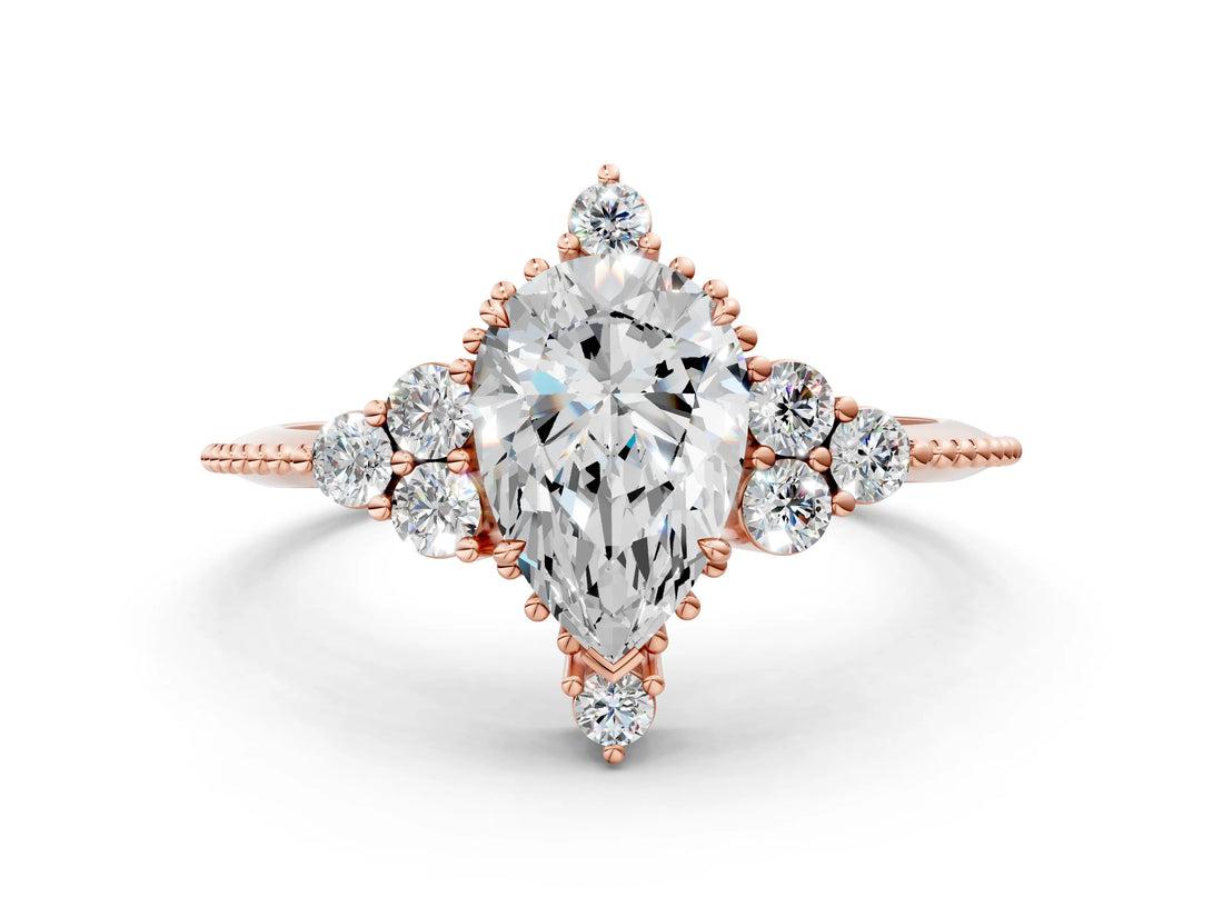 Rose gold Pear Cut Brilliant Diamond with Cluster Setting on a Beaded Band and Four-Prong Setting_3