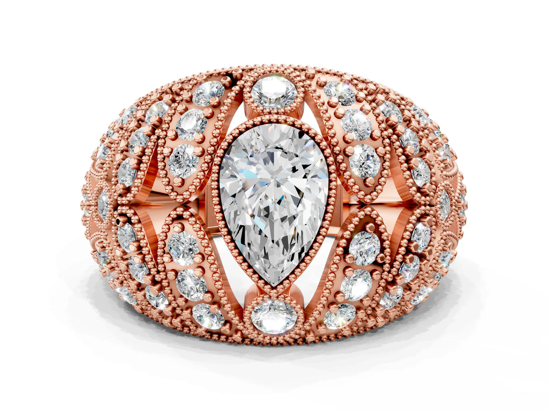 Rose gold Pear Cut Brilliant Halo Pave Diamond Milgrain Ring_9