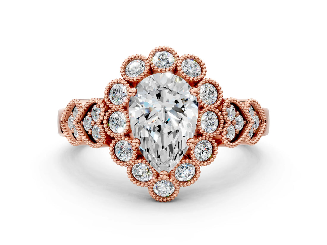 Rose gold Pear Cut Brilliant Milgrain Pave Heart Band Solitaire Ring_3