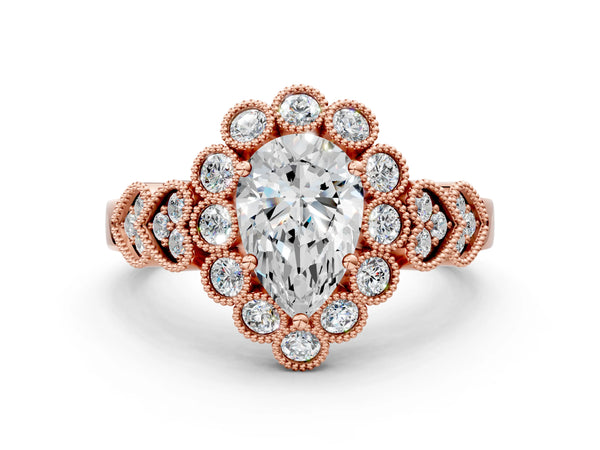Rose gold Pear Cut Brilliant Milgrain Pave Heart Band Solitaire Ring