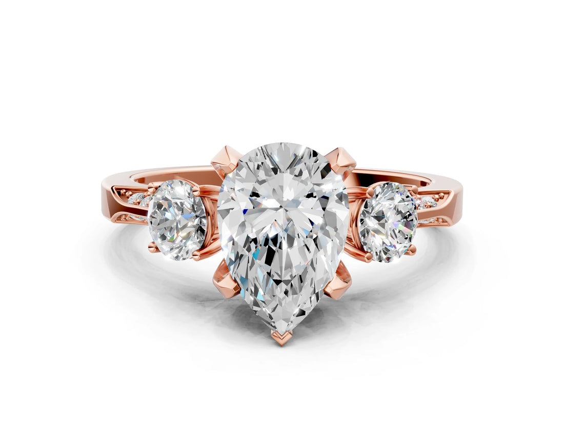 Rose gold Pear Cut Brilliant Three-Stone Diamond Ring with Pavé Band and Four-Prong Setting_3