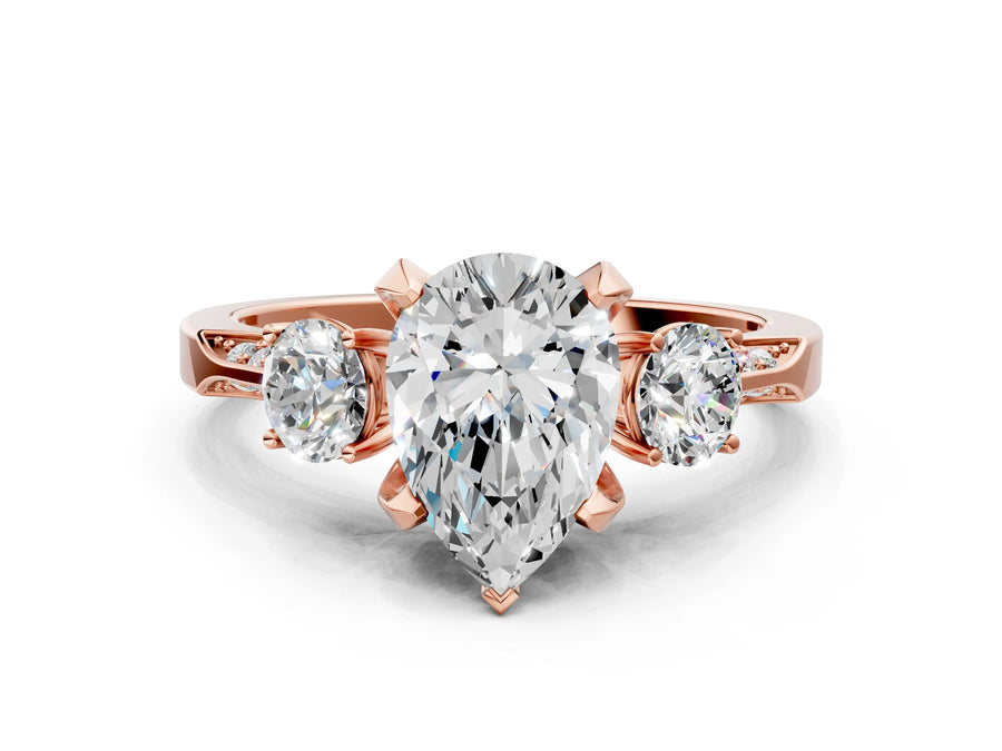 Rose gold Pear Cut Brilliant Three-Stone Diamond Ring with Pavé Band and Four-Prong Setting
