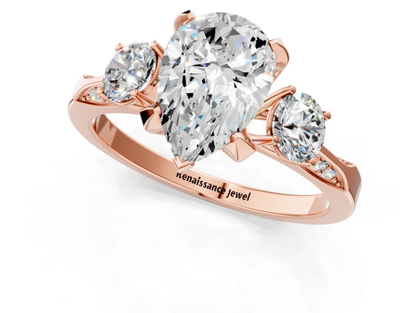 Rose gold Pear Cut Brilliant Three-Stone Diamond Ring with Pavé Band and Four-Prong Setting