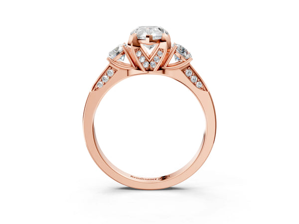 Rose gold Pear Cut Brilliant Three-Stone Diamond Ring with Pavé Band and Four-Prong Setting