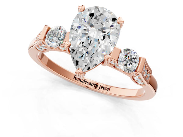 Rose gold Pear Cut Brilliant Three-Stone Pave Band with Four-Prong Setting