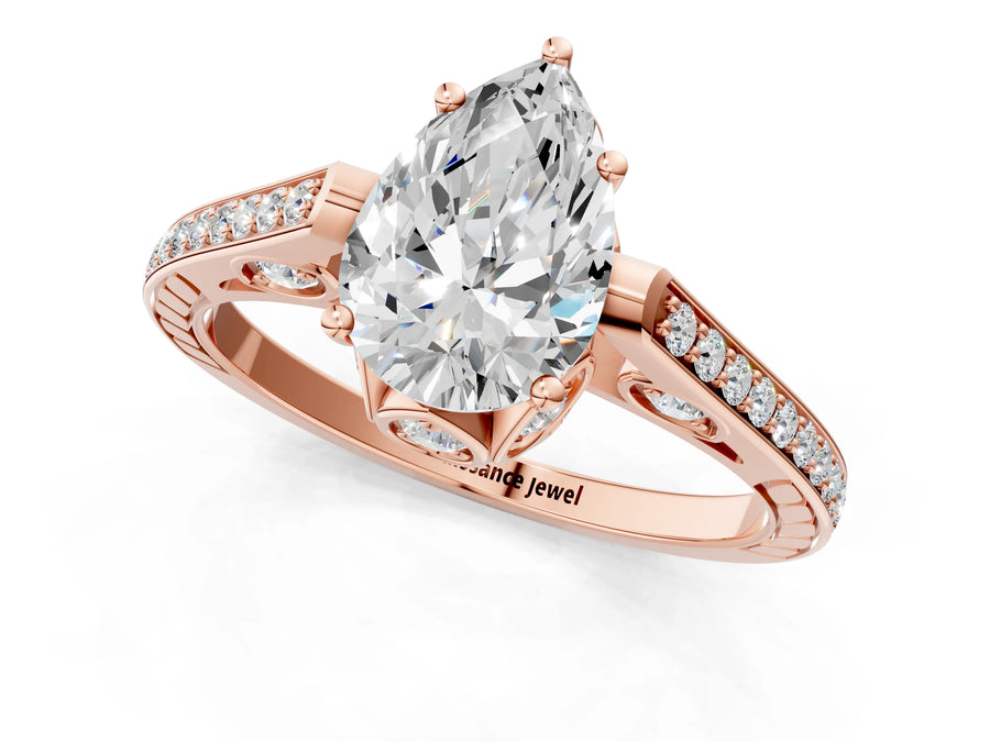 Rose gold Pear Cut Cathedral Pave Diamond Engagement Ring with Six-Prong Setting