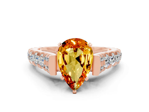 Rose gold Pear Cut Citrine Classic Solitaire Ring with Pavé Band and Four-Prong Setting