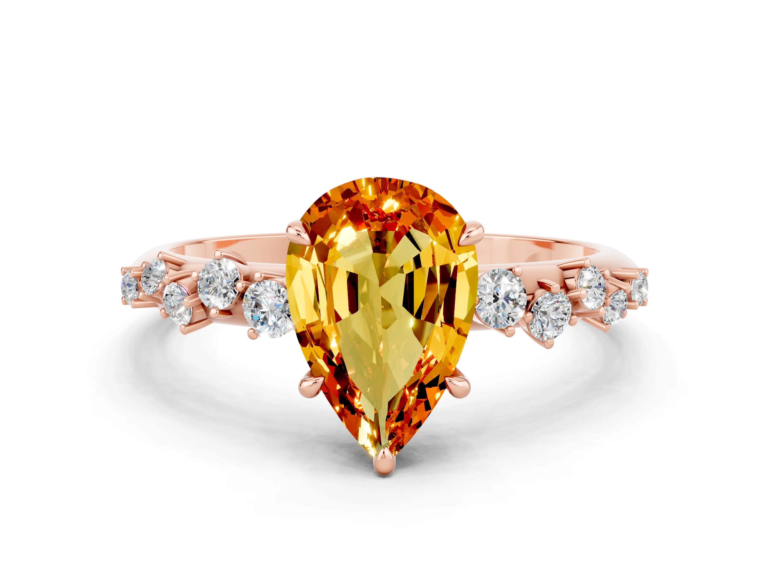 Rose gold Pear Cut Citrine Cluster Side Stone Solitaire Ring with Prong Setting_24