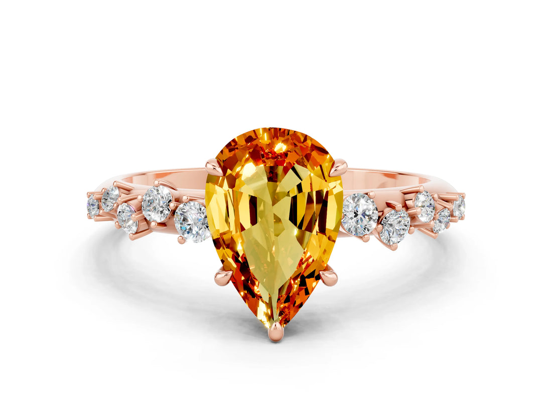 Rose gold Pear Cut Citrine Cluster Side Stone Solitaire Ring with Prong Setting_24