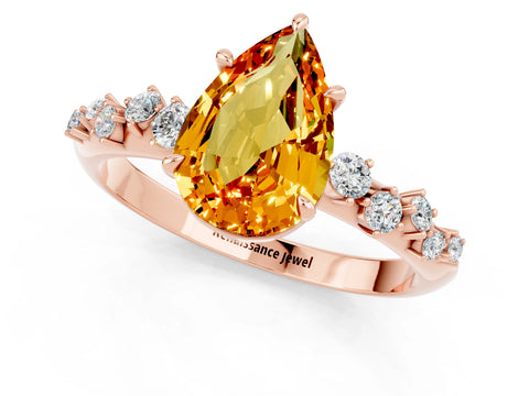 Rose gold Pear Cut Citrine Cluster Side Stone Solitaire Ring with Prong Setting_25
