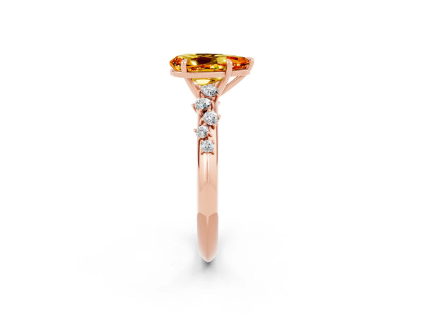 Rose gold Pear Cut Citrine Cluster Side Stone Solitaire Ring with Prong Setting