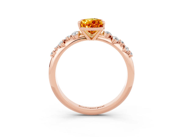 Rose gold Pear Cut Citrine Cluster Side Stone Solitaire Ring with Prong Setting