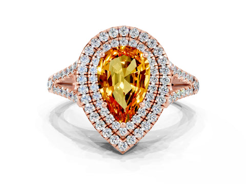 Rose gold Pear Cut Citrine Double Halo Ring with Pavé Band and Prong Setting_12