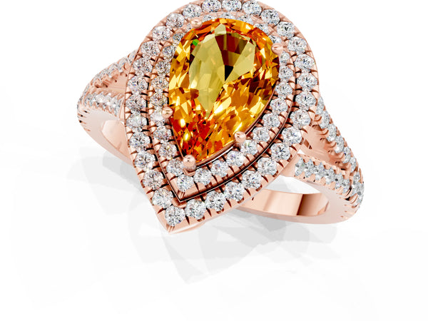 Rose gold Pear Cut Citrine Double Halo Ring with Pavé Band and Prong Setting