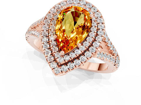 Rose gold Pear Cut Citrine Double Halo Ring with Pavé Band and Prong Setting_13
