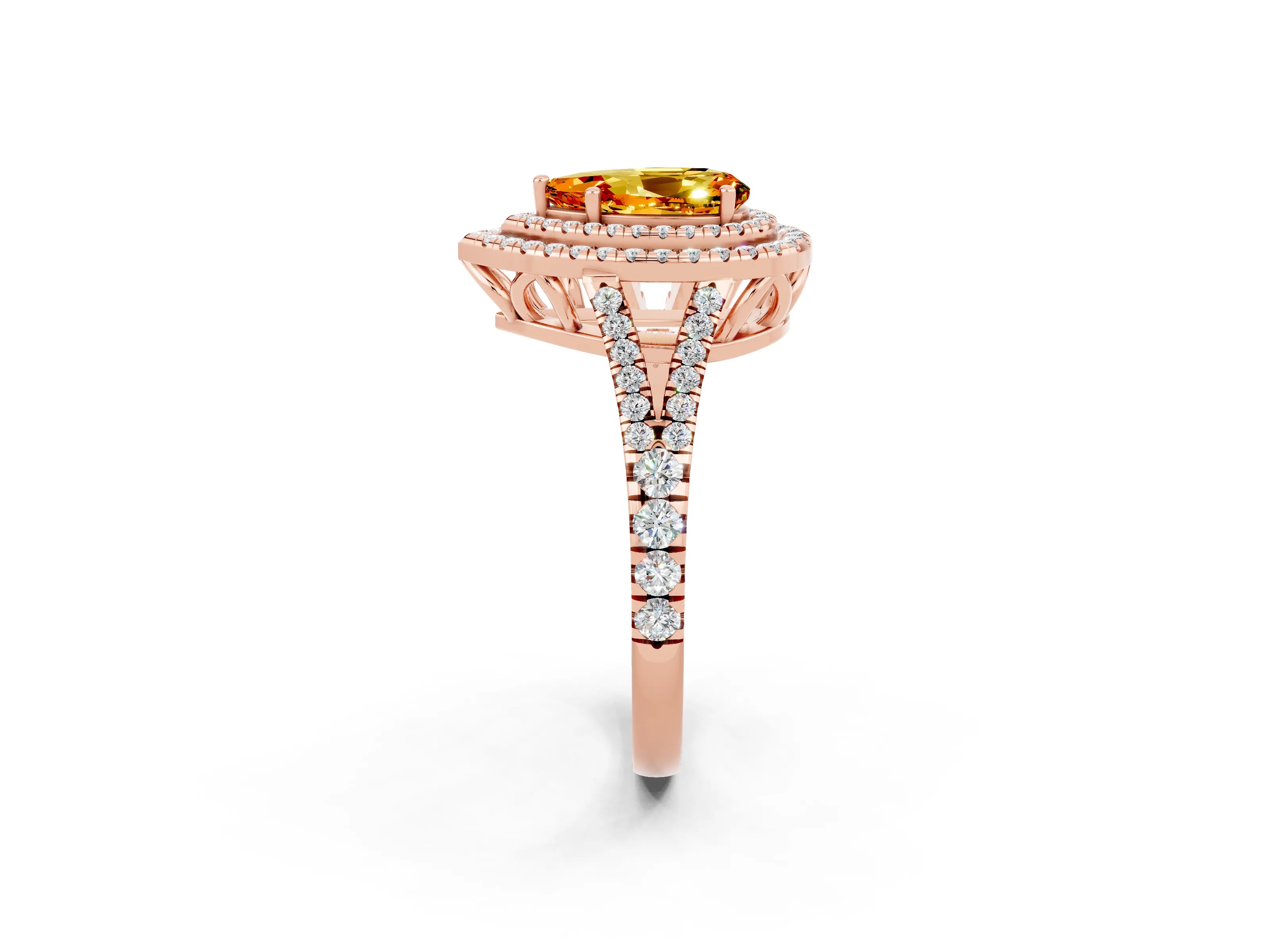 Rose gold Pear Cut Citrine Double Halo Ring with Pavé Band and Prong Setting_14
