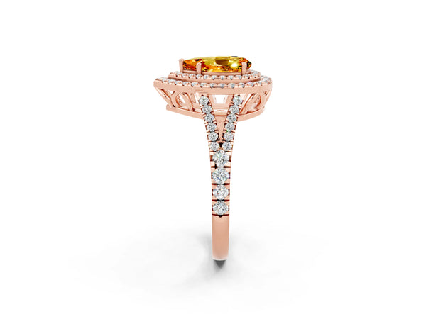 Rose gold Pear Cut Citrine Double Halo Ring with Pavé Band and Prong Setting
