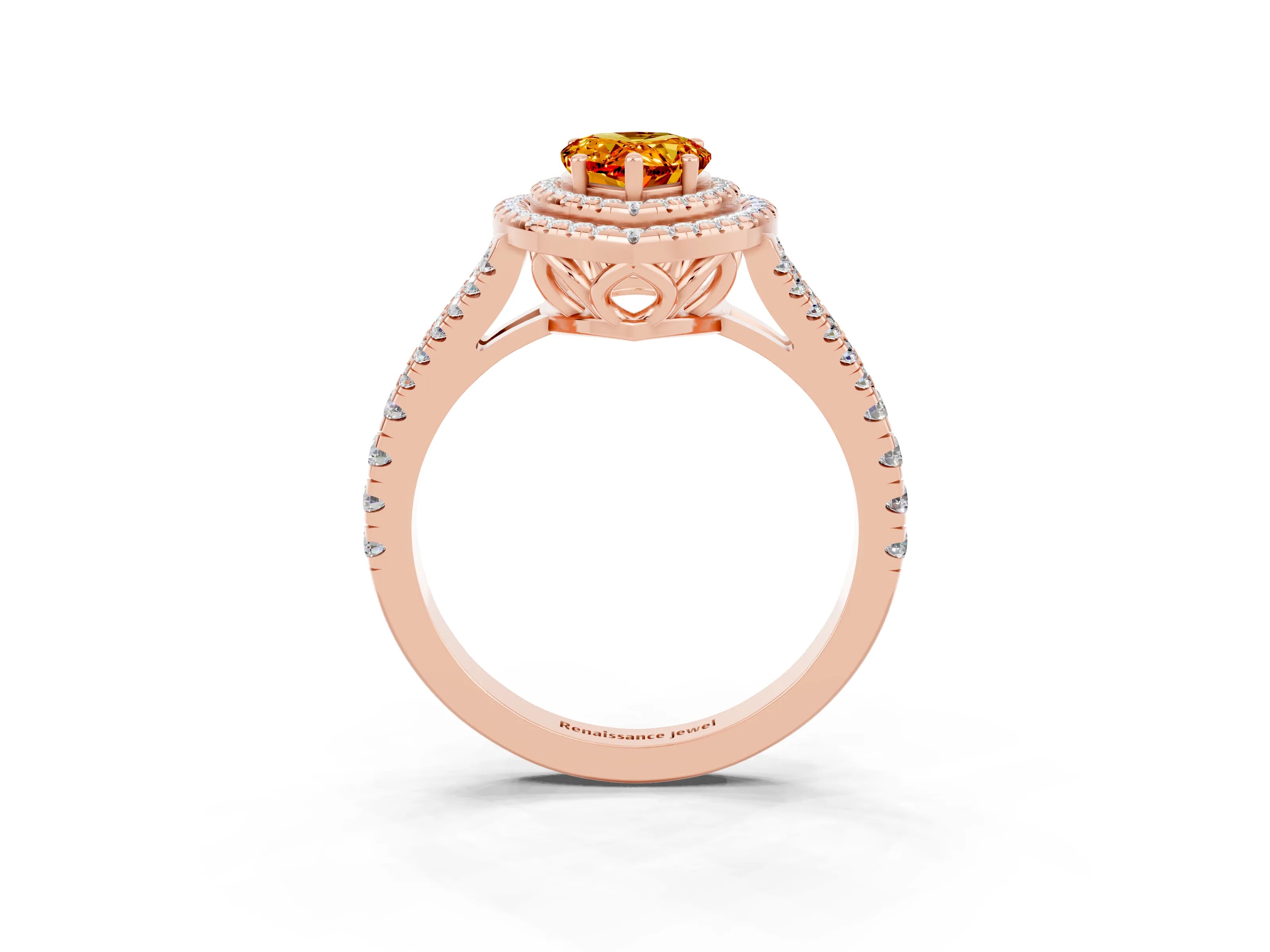Rose gold Pear Cut Citrine Double Halo Ring with Pavé Band and Prong Setting_15