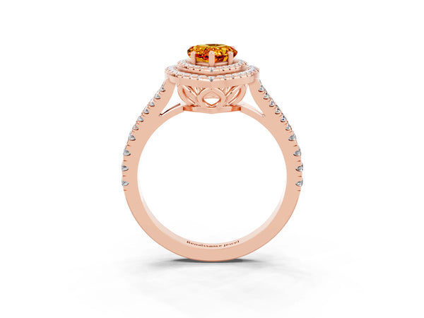 Rose gold Pear Cut Citrine Double Halo Ring with Pavé Band and Prong Setting
