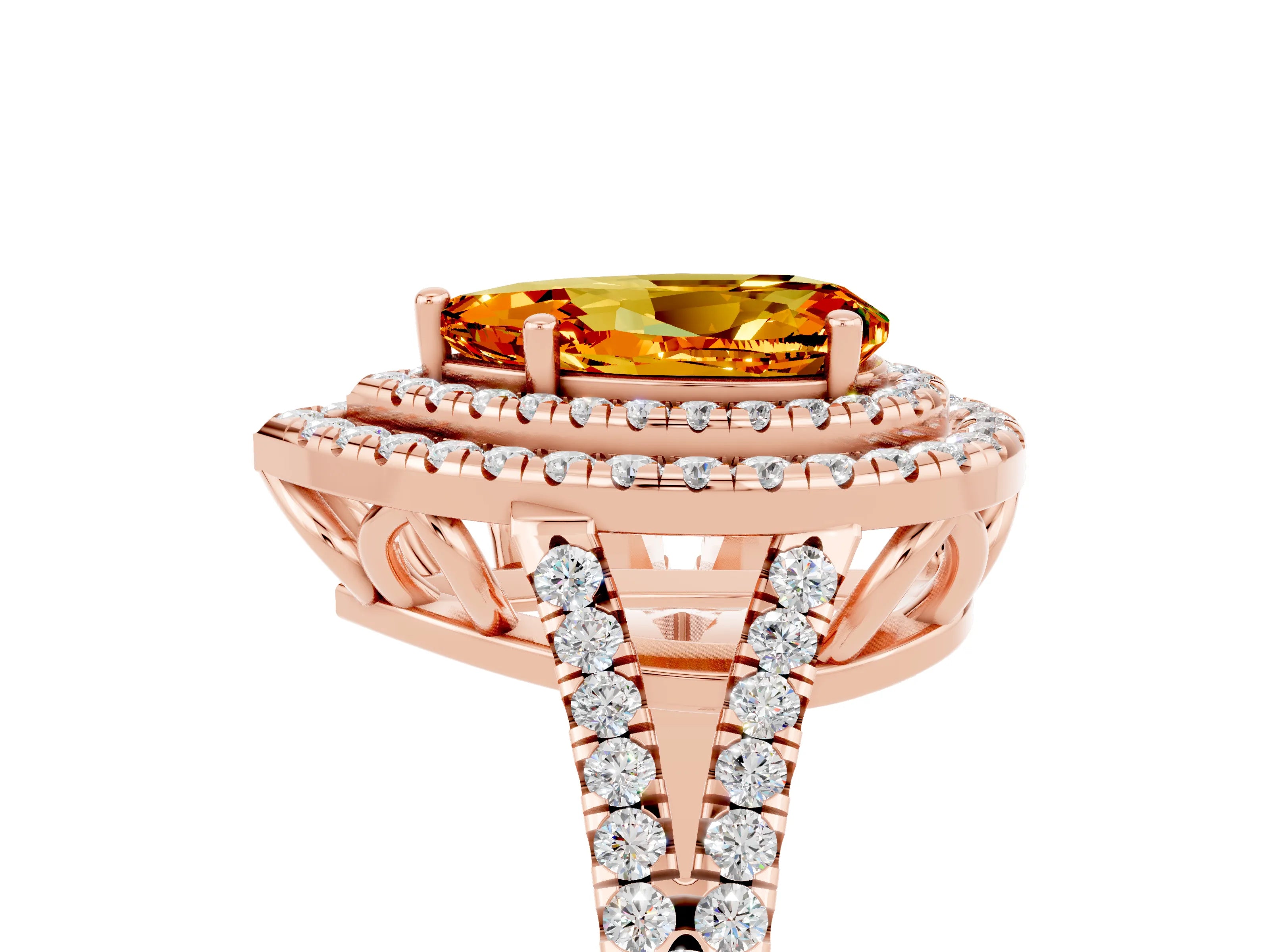 Rose gold Pear Cut Citrine Double Halo Ring with Pavé Band and Prong Setting_17