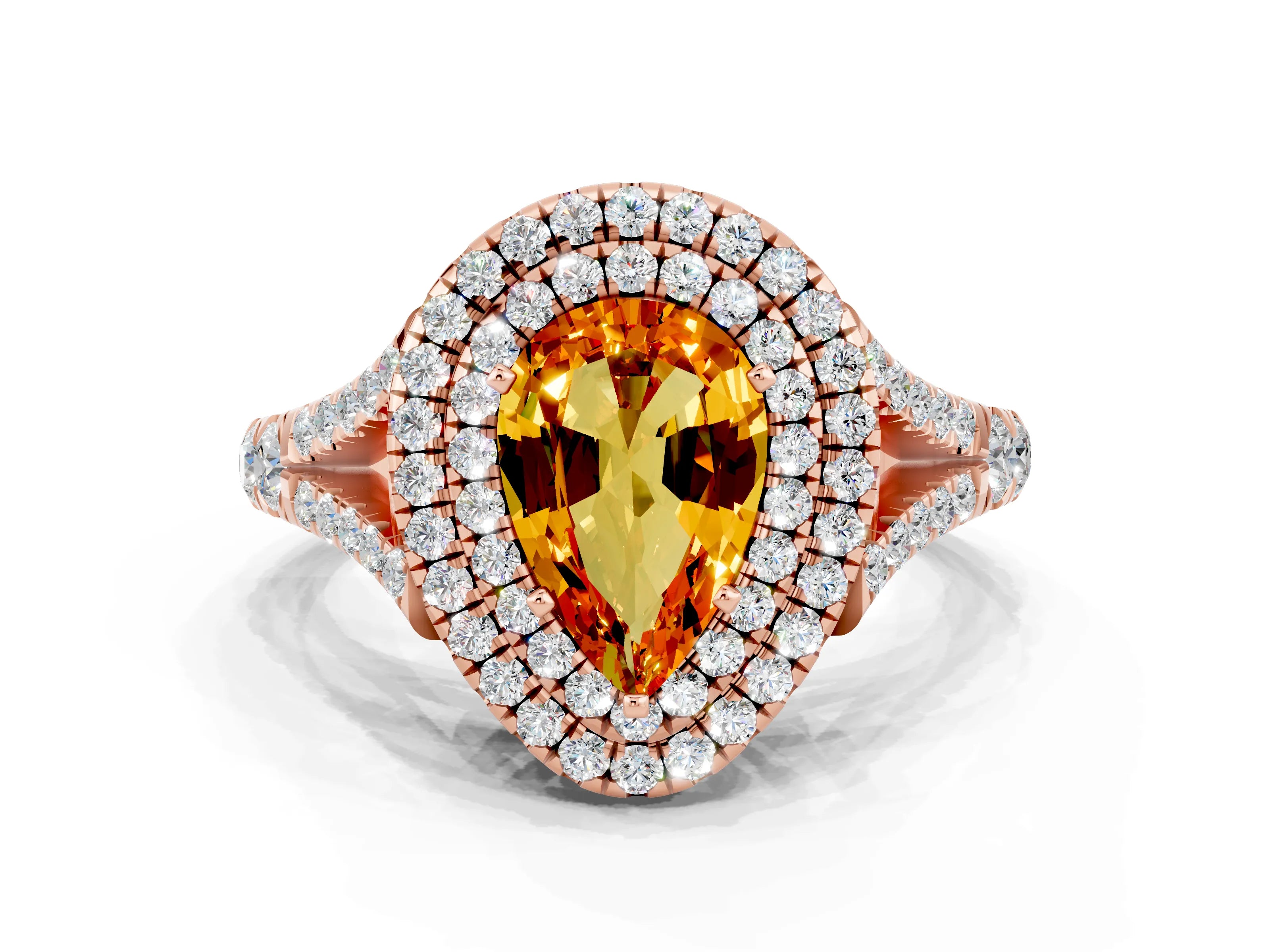 Rose gold Pear Cut Citrine Double Halo Ring with Split Shank and Prong Setting_12