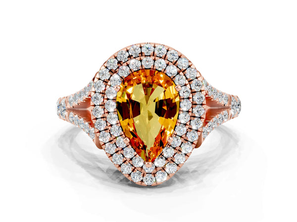 Rose gold Pear Cut Citrine Double Halo Ring with Split Shank and Prong Setting