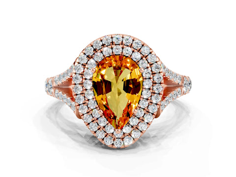 Rose gold Pear Cut Citrine Double Halo Ring with Split Shank and Prong Setting_12