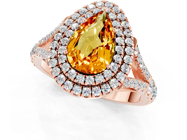 Rose gold Pear Cut Citrine Double Halo Ring with Split Shank and Prong Setting