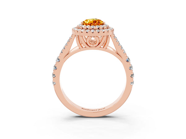 Rose gold Pear Cut Citrine Double Halo Ring with Split Shank and Prong Setting