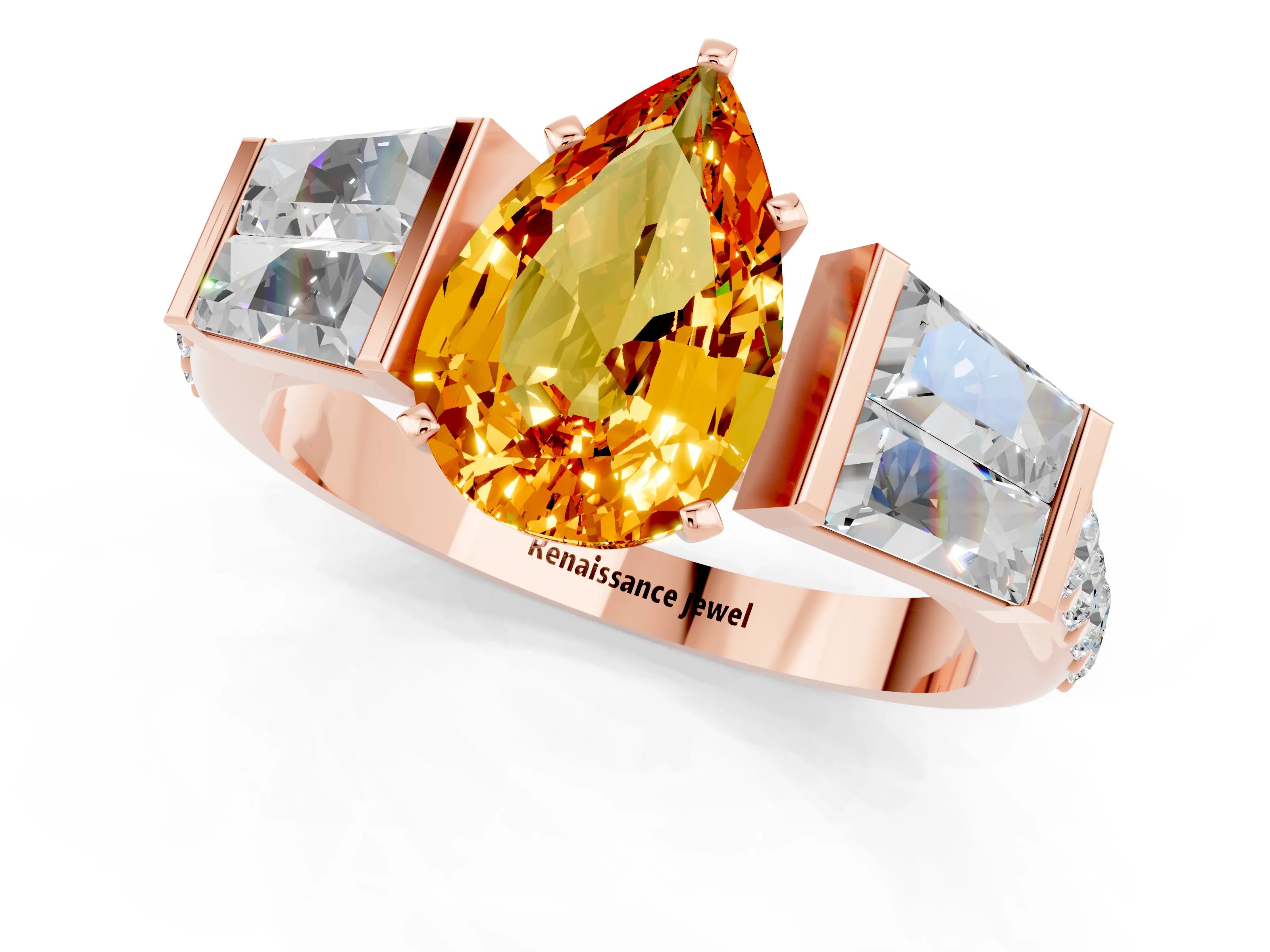 Rose gold Pear Cut Citrine Engagement Ring with Baguette Side Stones and Channel Set Band_1