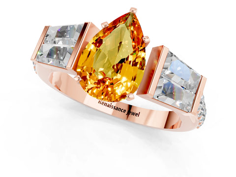 Rose gold Pear Cut Citrine Engagement Ring with Baguette Side Stones and Channel Set Band_1