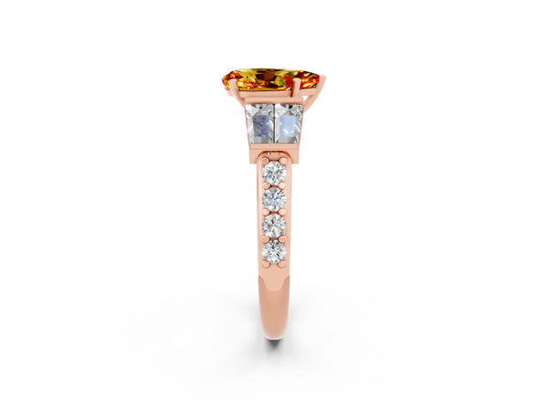 Rose gold Pear Cut Citrine Engagement Ring with Baguette Side Stones and Channel Set Band