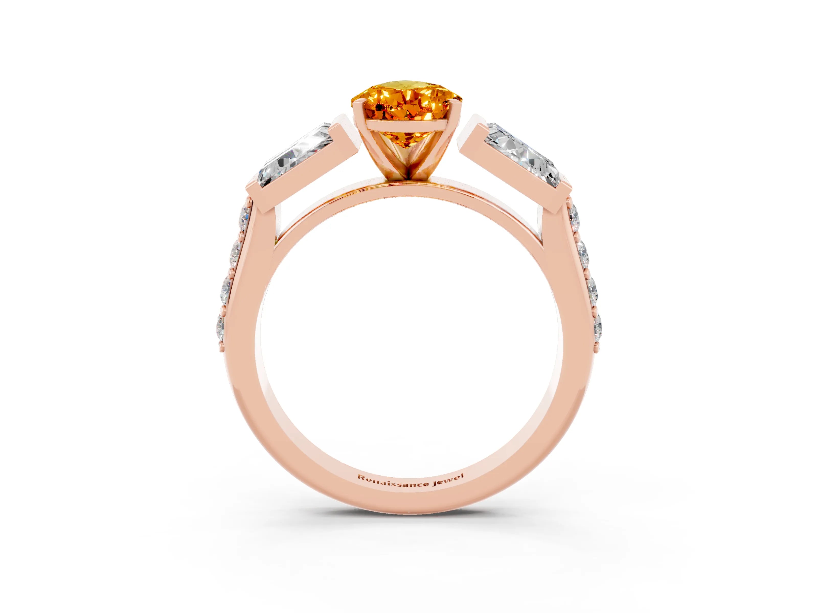 Rose gold Pear Cut Citrine Engagement Ring with Baguette Side Stones and Channel Set Band_3