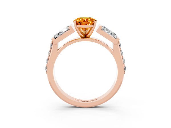 Rose gold Pear Cut Citrine Engagement Ring with Baguette Side Stones and Channel Set Band