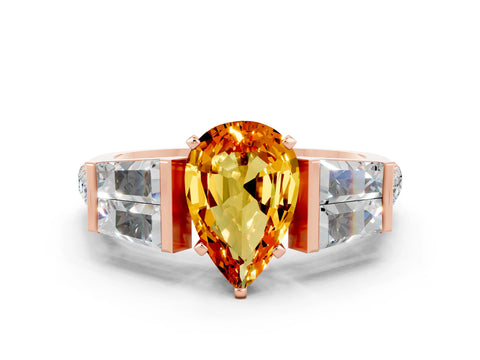 Rose gold Pear Cut Citrine Engagement Ring with Baguette Side Stones and Channel Set Band