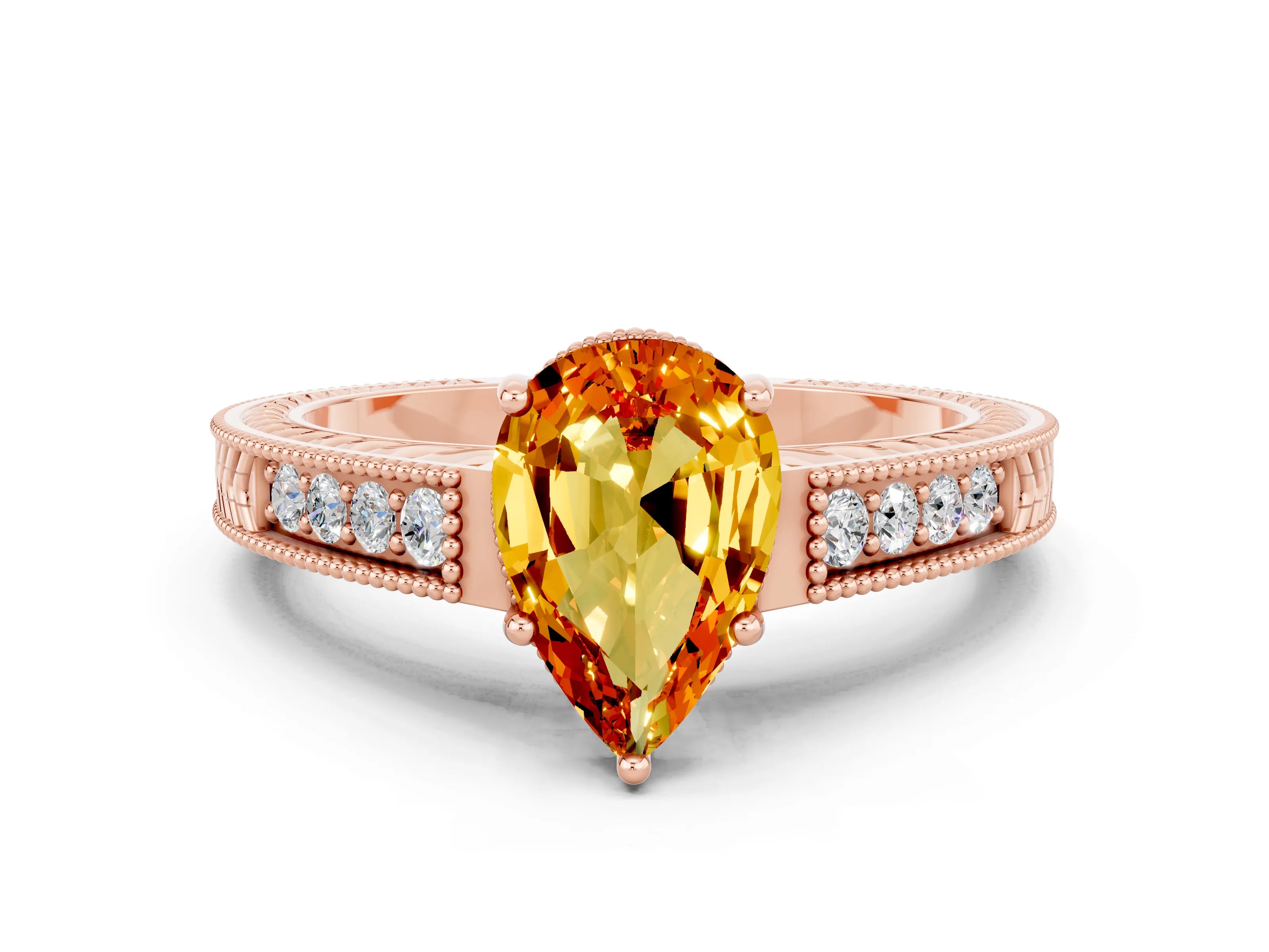 Rose gold Pear Cut Citrine Engagement Ring with Milgrain Channel Set Band and Prong Setting