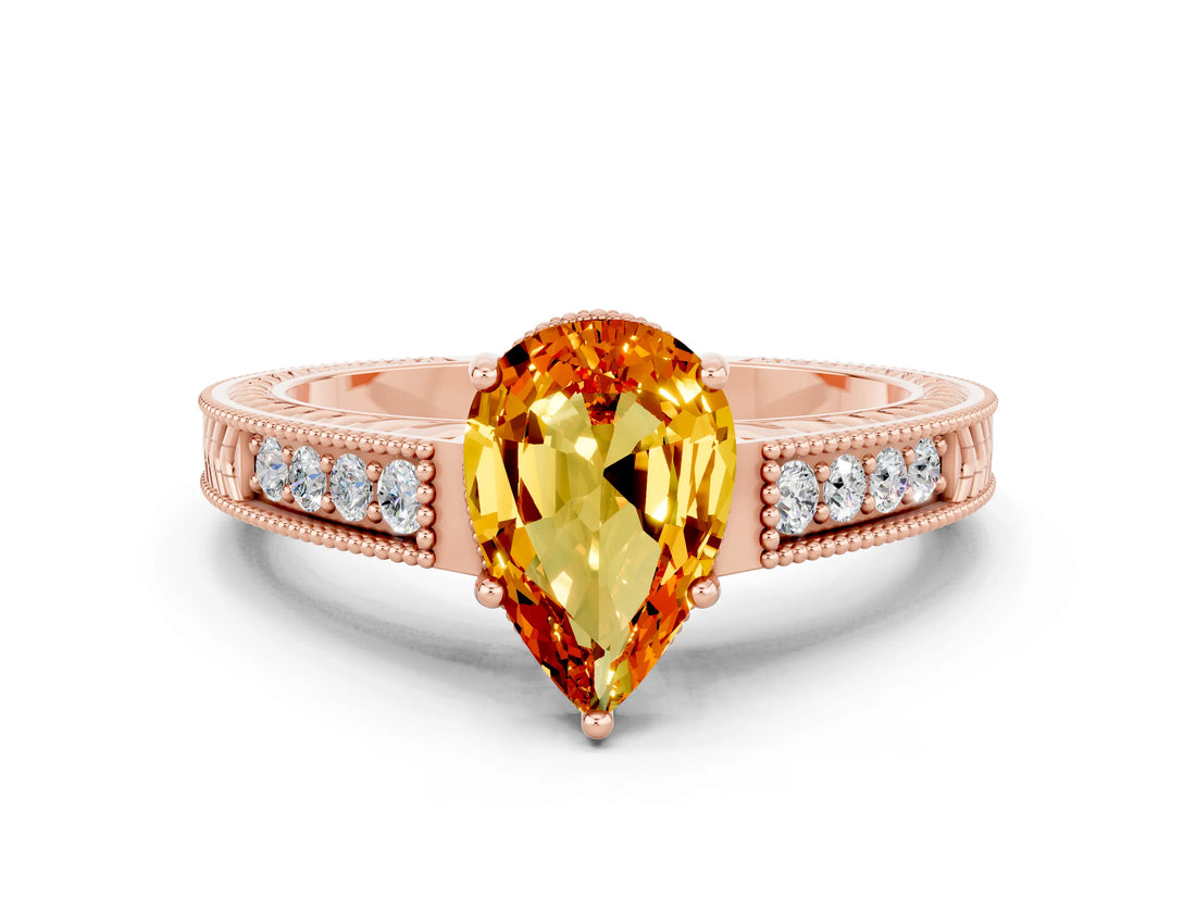 Rose gold Pear Cut Citrine Engagement Ring with Milgrain Channel Set Band and Prong Setting