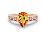Rose gold Pear Cut Citrine Engagement Ring with Milgrain Channel Set Band and Prong Setting