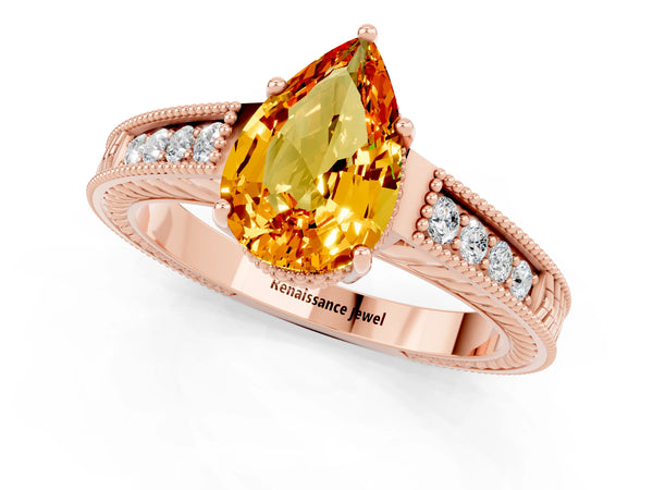 Rose gold Pear Cut Citrine Engagement Ring with Milgrain Channel Set Band and Prong Setting