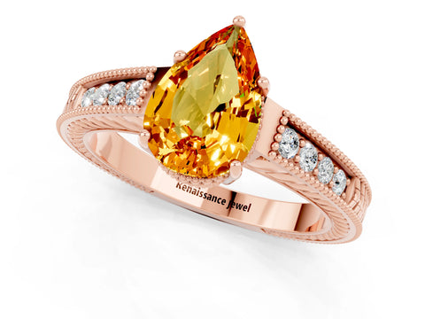 Rose gold Pear Cut Citrine Engagement Ring with Milgrain Channel Set Band and Prong Setting_1