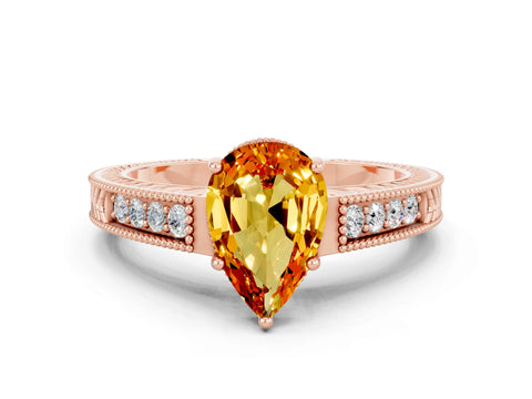 Rose gold Pear Cut Citrine Engagement Ring with Milgrain Channel Set Band and Prong Setting