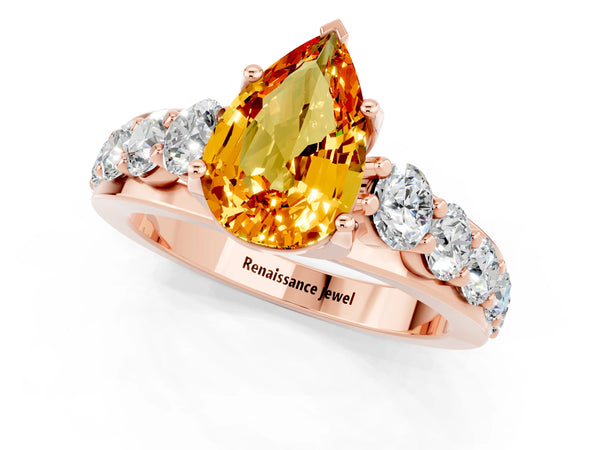 Rose gold Pear Cut Citrine Engagement Ring with Pavé Band and Four-Prong Setting