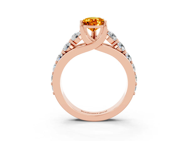 Rose gold Pear Cut Citrine Engagement Ring with Pavé Band and Four-Prong Setting