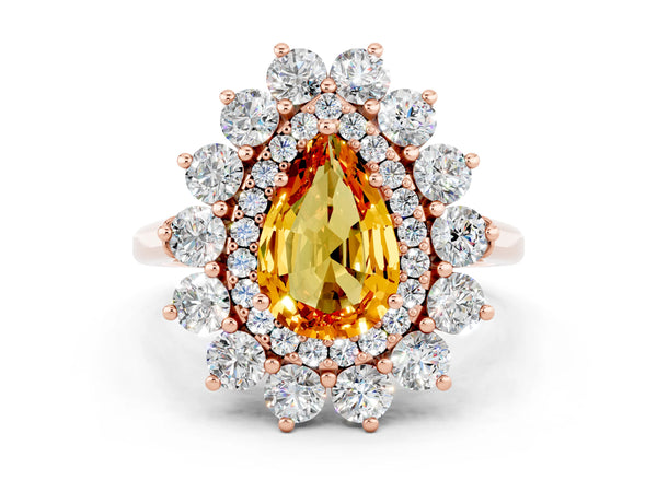 Rose gold Pear Cut Citrine Floral Double Halo Engagement Ring with Prong Setting