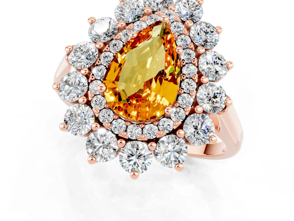 Rose gold Pear Cut Citrine Floral Double Halo Engagement Ring with Prong Setting