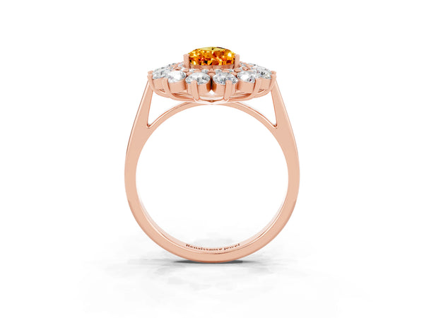 Rose gold Pear Cut Citrine Floral Double Halo Engagement Ring with Prong Setting