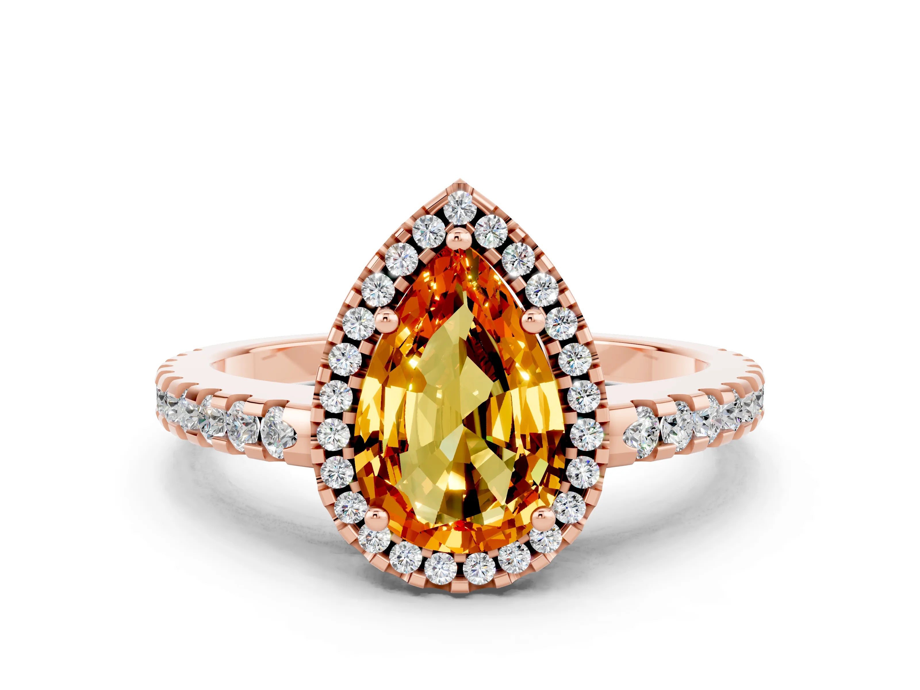 Rose gold Pear Cut Citrine Halo Engagement Ring with Pavé Band and Prong Setting_12
